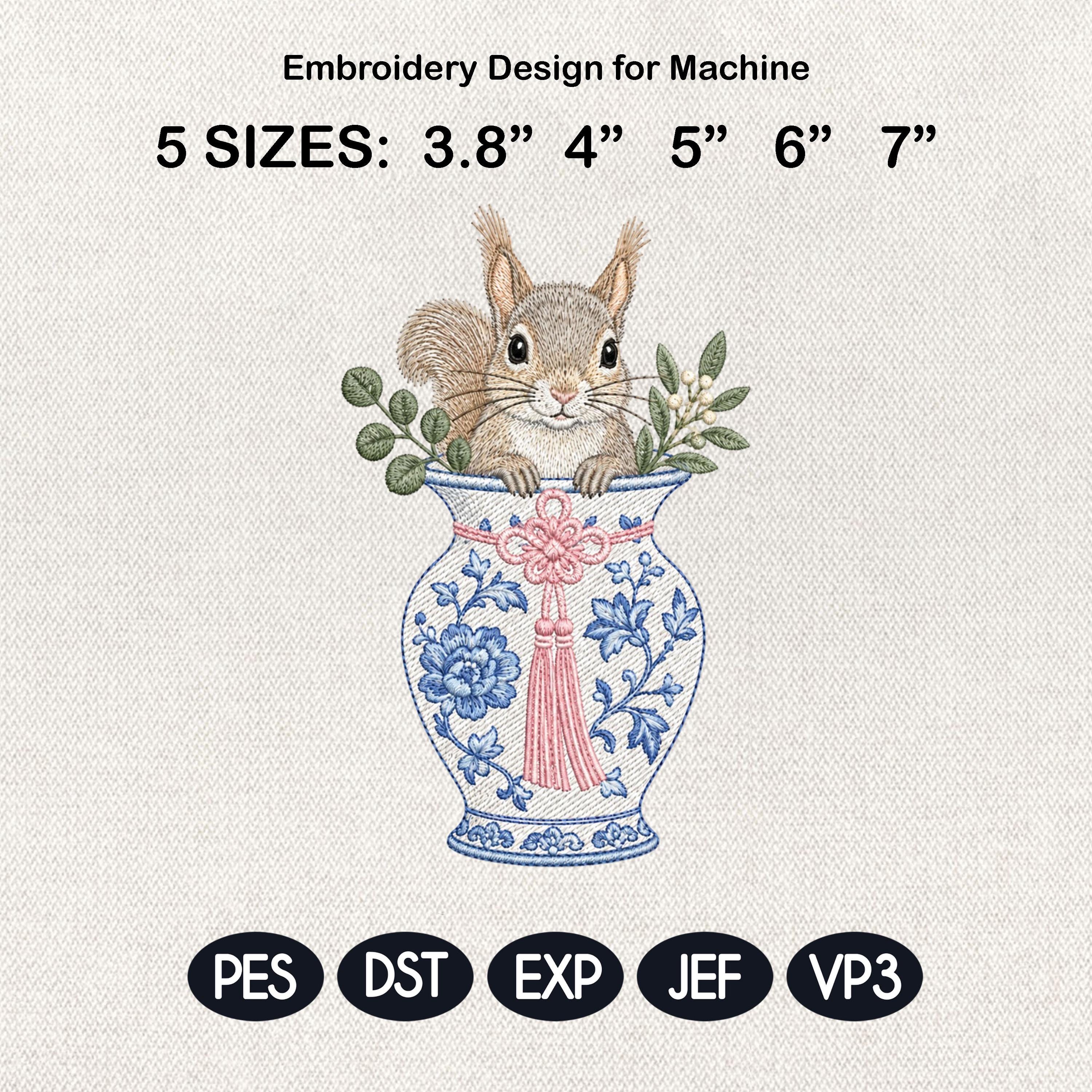 Squirrel Chinoiserie Vase Embroidery Design, Woodland Animal Machine File, 5 Sizes, Digital Download