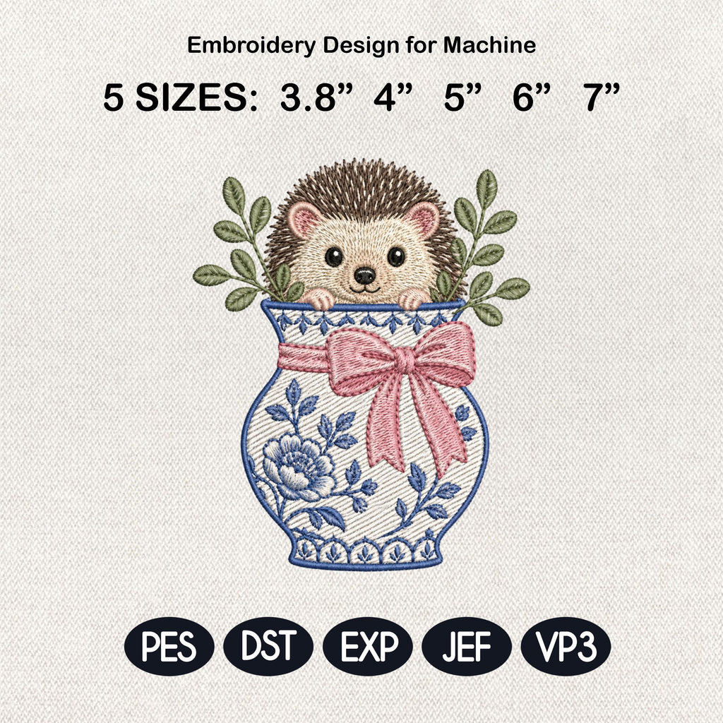 Hedgehog Chinoiserie Vase Embroidery Design, Cute Woodland Machine File, 5 Sizes, Digital Download