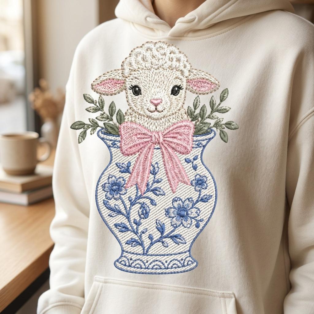Lamb Chinoiserie Vase Embroidery Design, Cute Baby Sheep Machine File, 5 Sizes, Digital Download - image 3