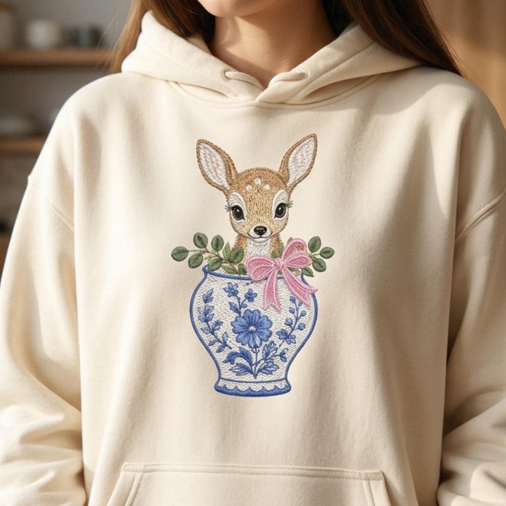 Fawn Chinoiserie Vase Embroidery Design, Cute Deer Woodland Machine File, 5 Sizes, Digital Download - image 3