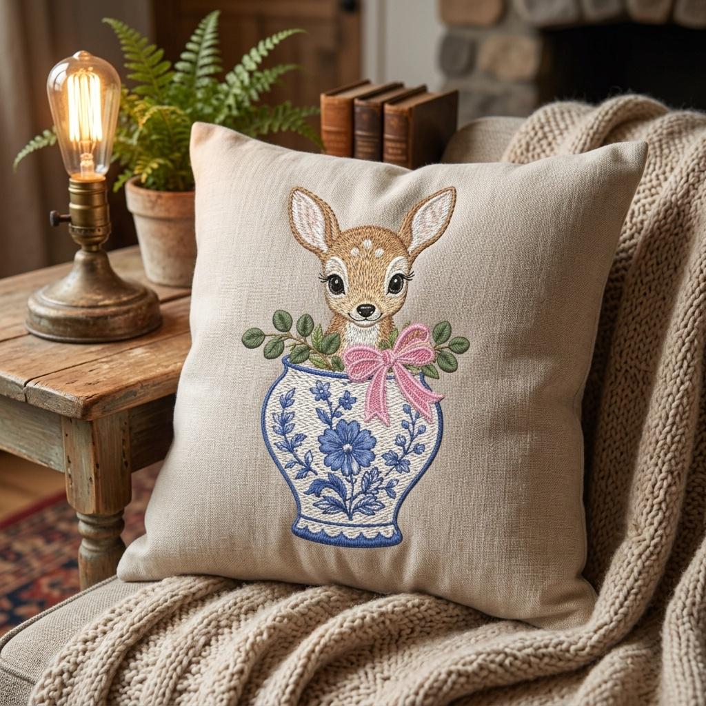 Fawn Chinoiserie Vase Embroidery Design, Cute Deer Woodland Machine File, 5 Sizes, Digital Download - image 5