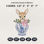 Fawn Chinoiserie Vase Embroidery Design, Cute Deer Woodland Machine File, 5 Sizes, Digital Download