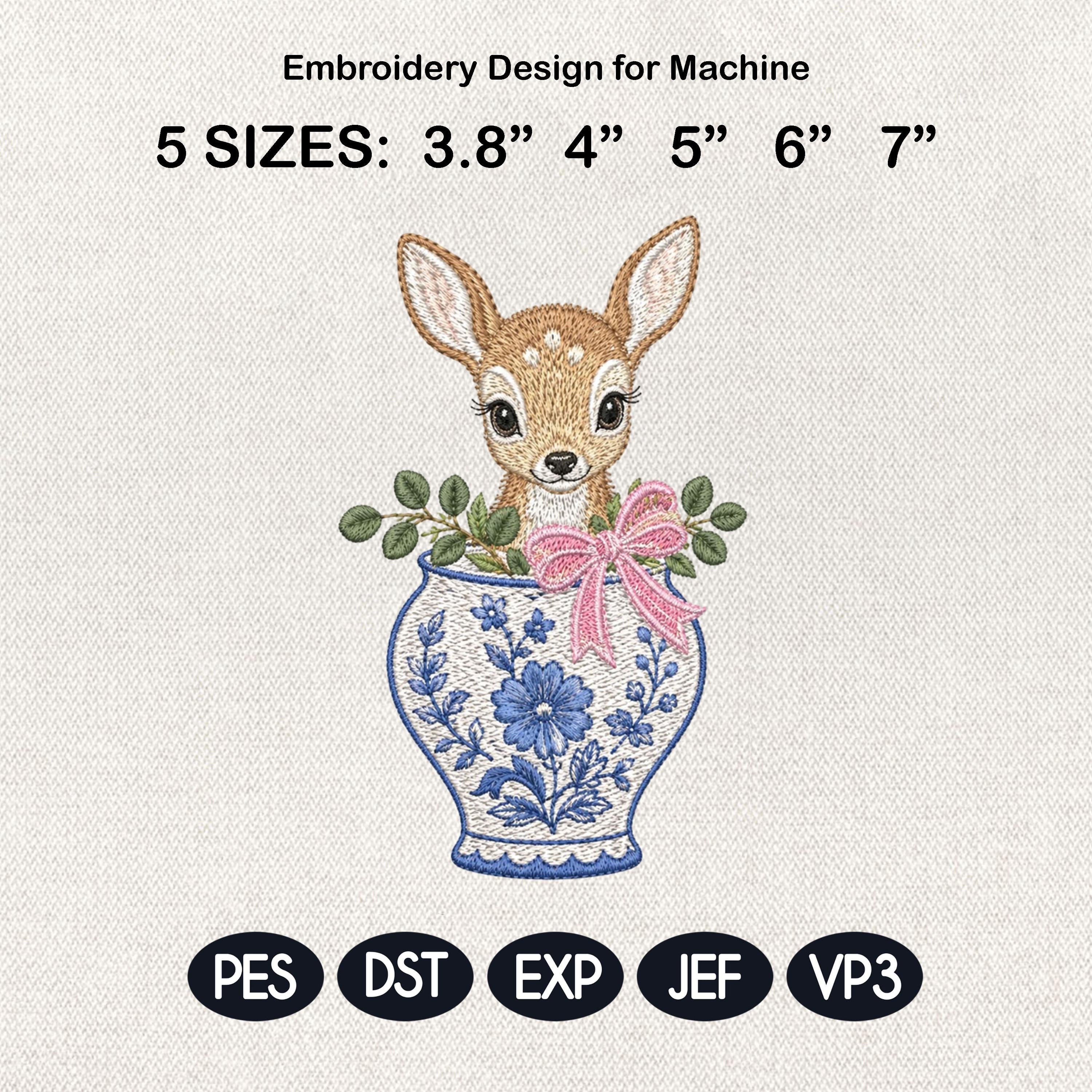 Fawn Chinoiserie Vase Embroidery Design, Cute Deer Woodland Machine File, 5 Sizes, Digital Download