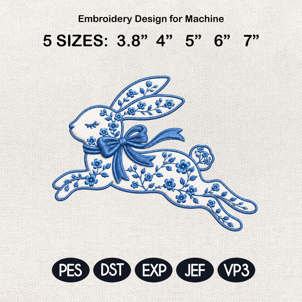 Running Chinoiserie Rabbit Embroidery Design, Floral Bunny With Bow Machine File, 5 sizes, Digital Download