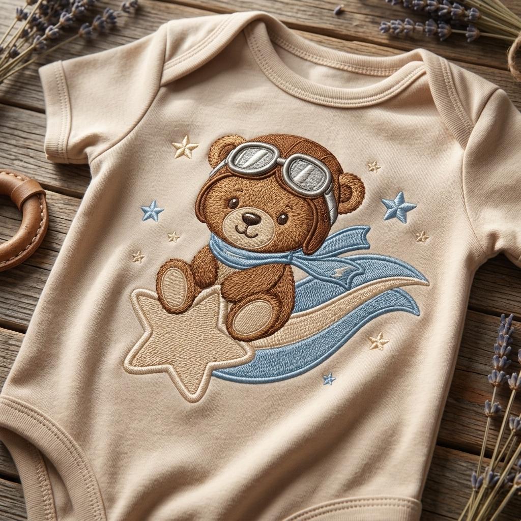 Pilot Teddy Bear Embroidery Design, Aviator Bear Riding Shooting Star Machine Embroidery File, Baby Boy Pattern, 5 sizes, Digital Download - image 4