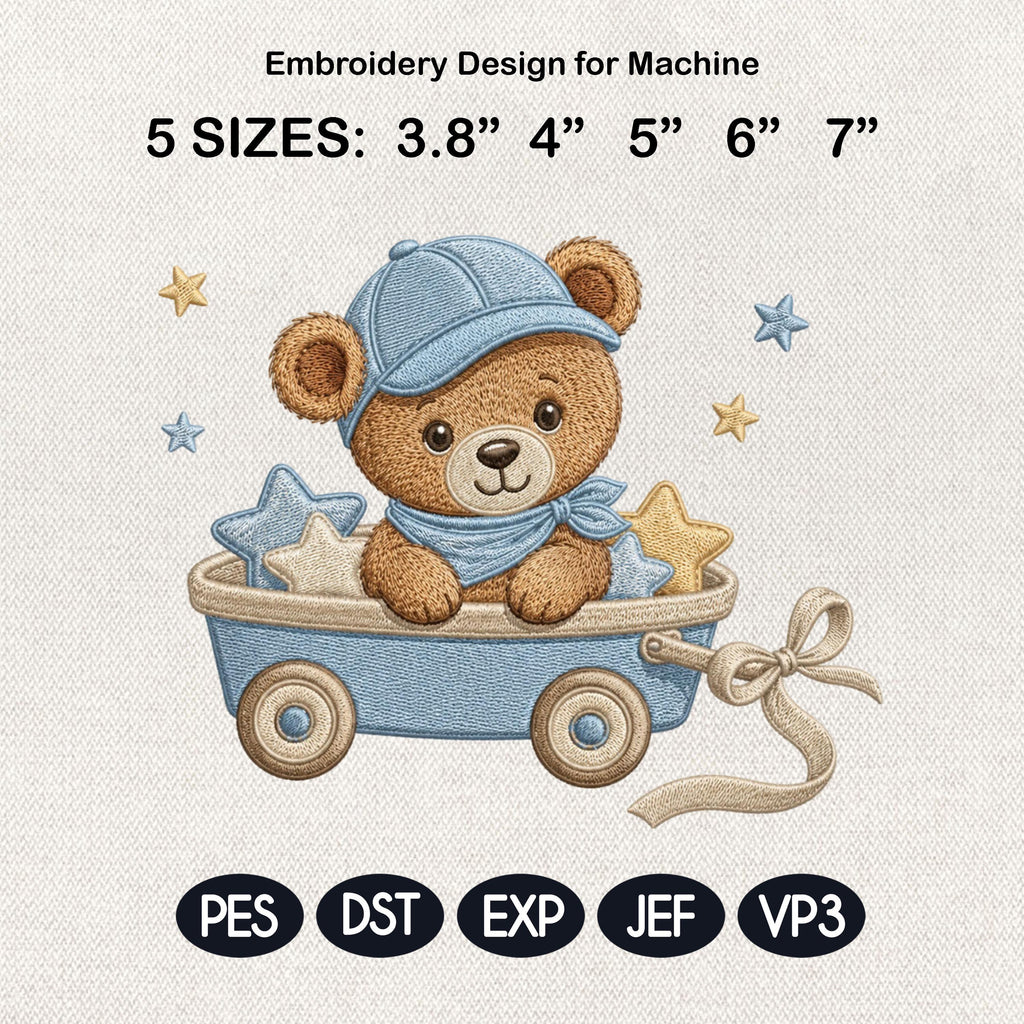 Teddy Bear Wagon Embroidery Design, Cute Baby Boy Bear Cart Machine Embroidery File, Nursery Pattern, 5 sizes, Digital Download