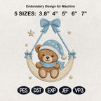 Sleeping Teddy Bear Moon Embroidery Design, Baby Boy Nursery Machine Embroidery File, Cute Bear Pattern, 5 sizes, Digital Download