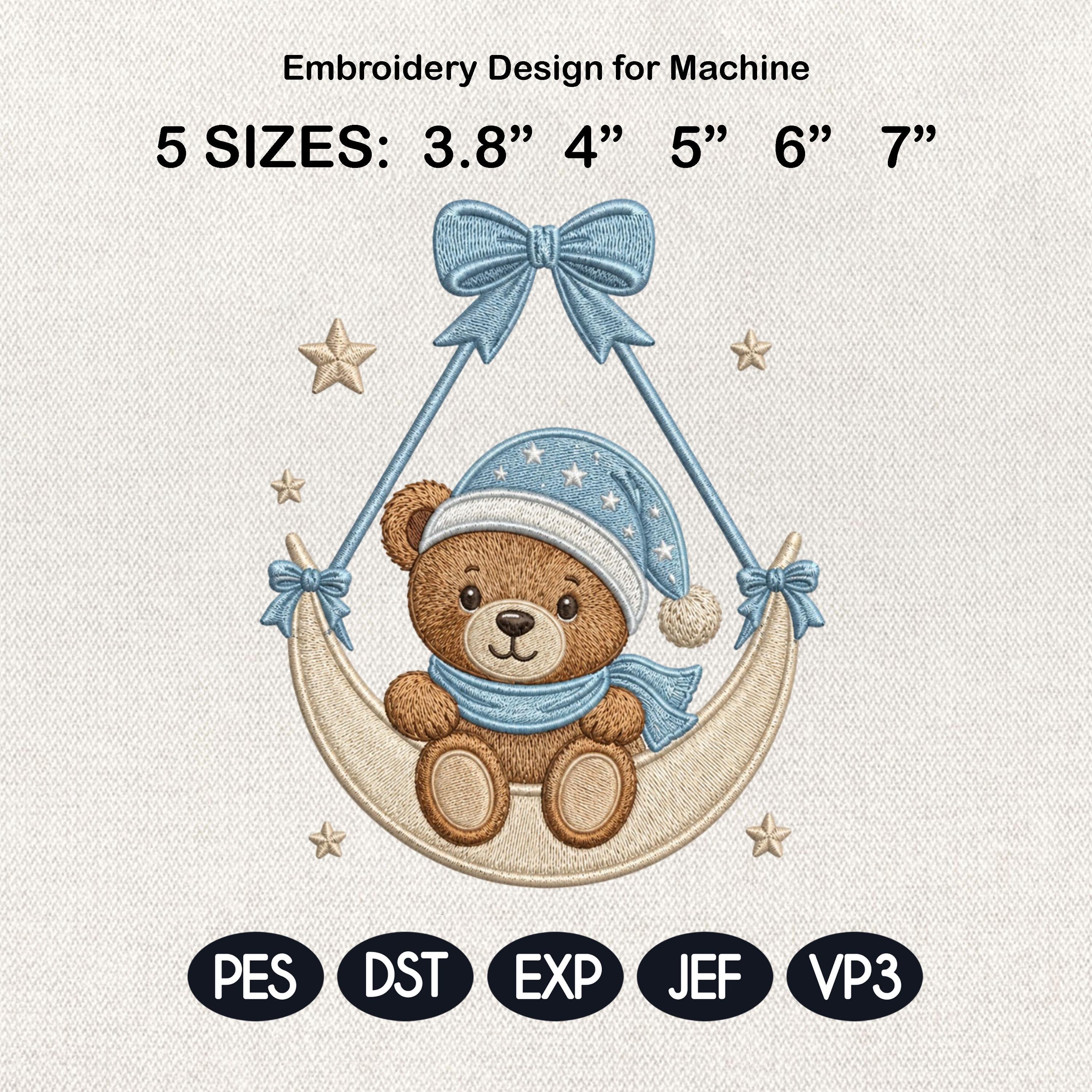 Sleeping Teddy Bear Moon Embroidery Design, Baby Boy Nursery Machine Embroidery File, Cute Bear Pattern, 5 sizes, Digital Download