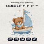 Teddy Bear Sailboat Embroidery Design, Nautical Baby Boy Machine Embroidery File, Nursery Pattern, 5 sizes, Digital Download