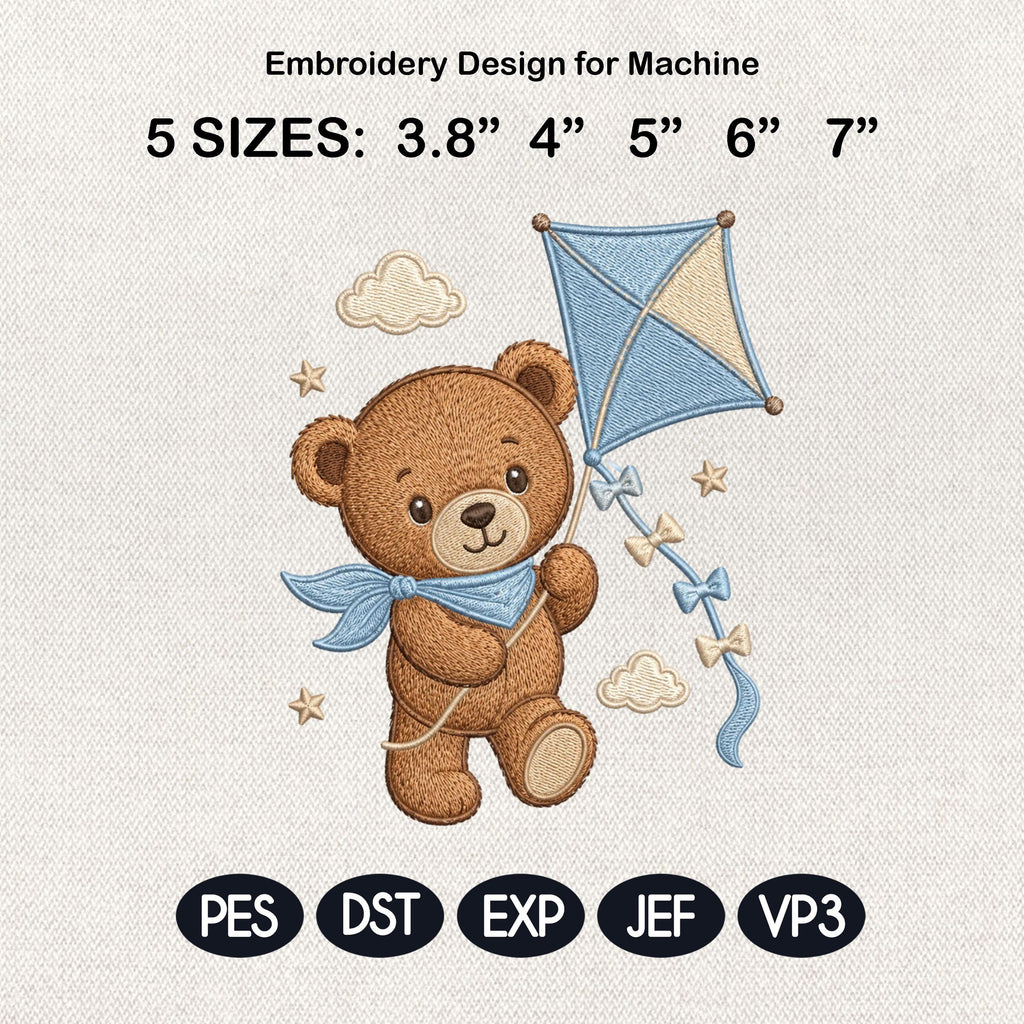 Teddy Bear Kite Embroidery Design, Cute Baby Boy Bear Machine Embroidery File, Nursery Pattern, 5 sizes, Digital Download