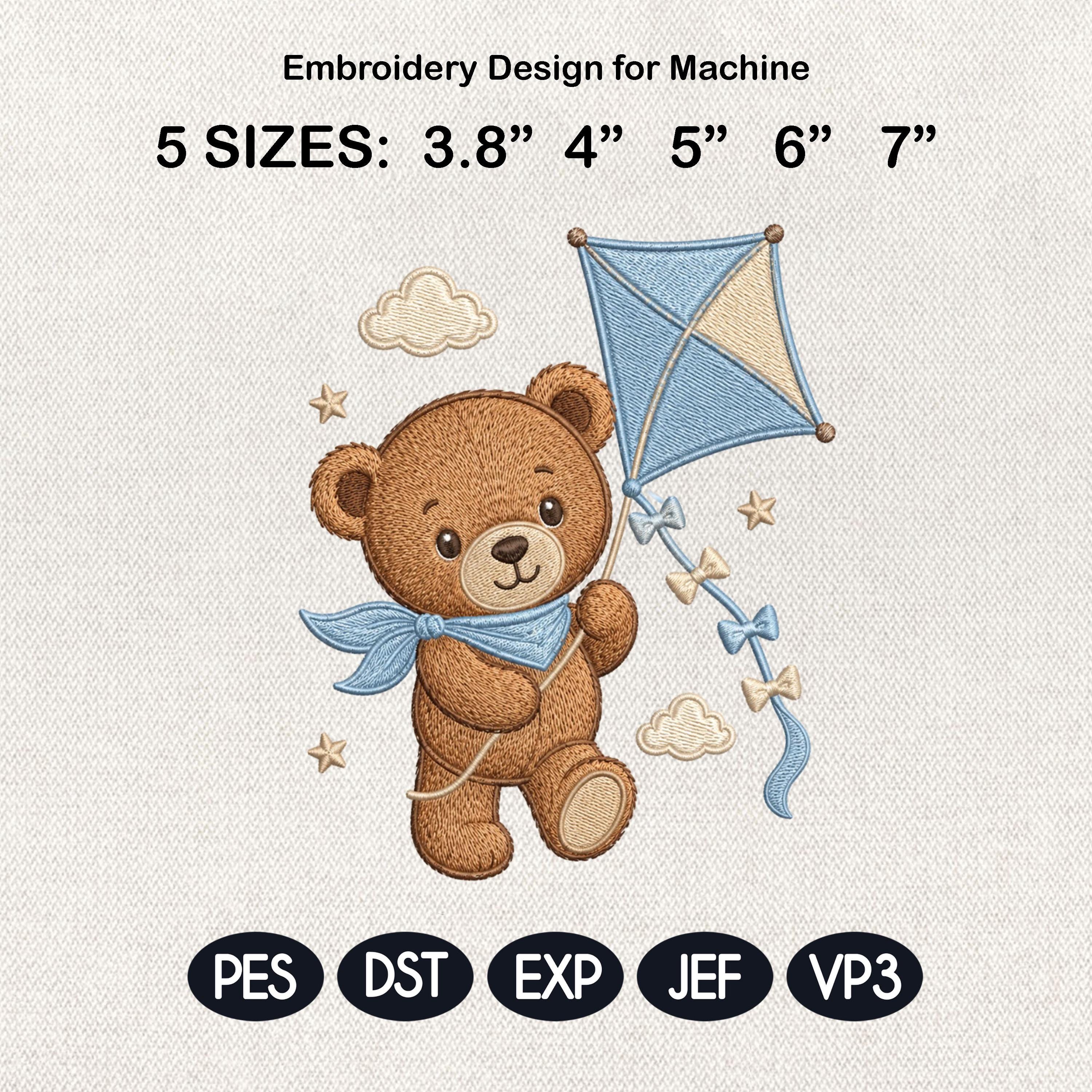 Teddy Bear Kite Embroidery Design, Cute Baby Boy Bear Machine Embroidery File, Nursery Pattern, 5 sizes, Digital Download