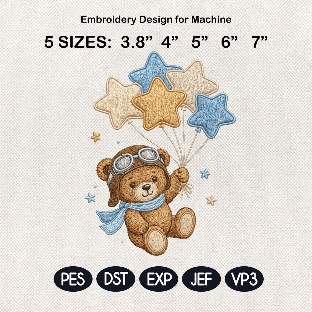 Teddy Bear Balloon Embroidery Design, Star Balloon Baby Boy Machine Embroidery File, Nursery Pattern, 5 sizes, Digital Download
