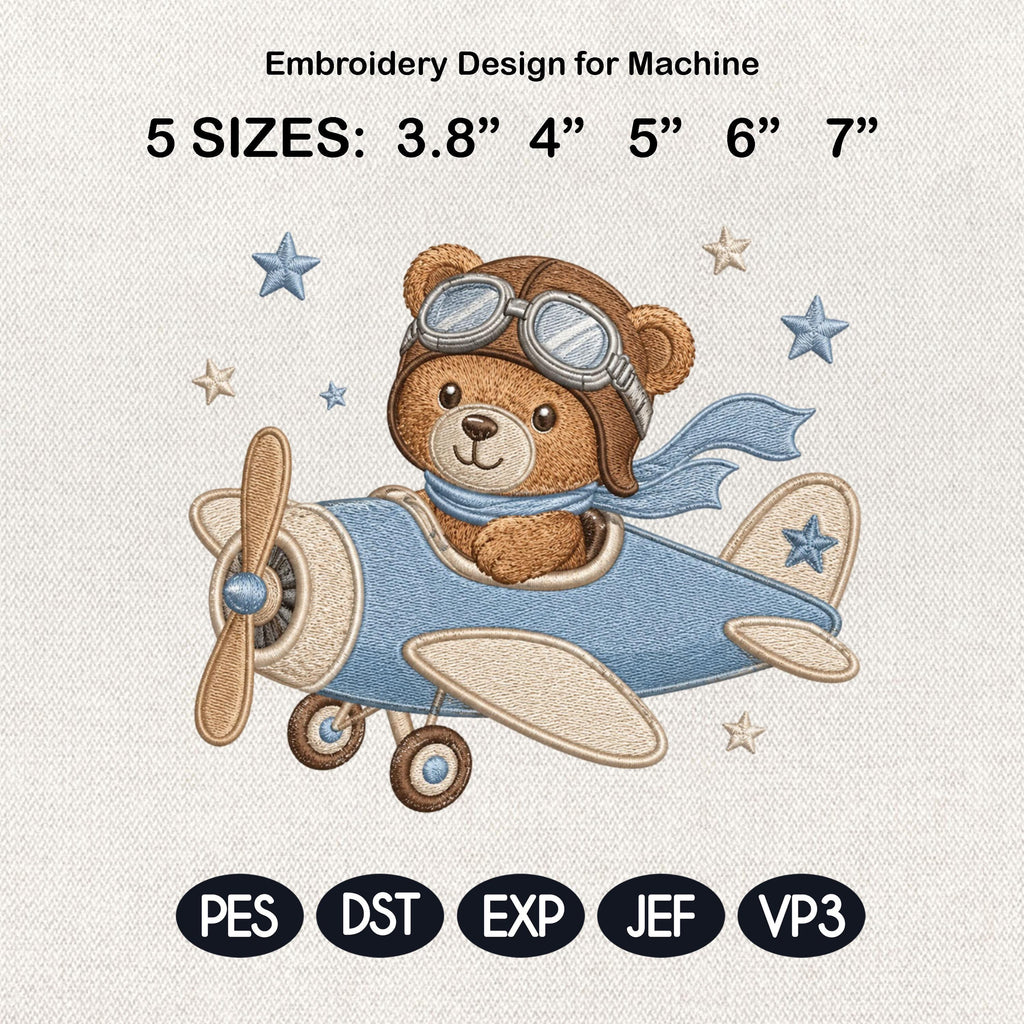 Aviator Teddy Bear Airplane Embroidery Design, Baby Boy Pilot Machine Embroidery File, Nursery Pattern, 5 sizes, Digital Download