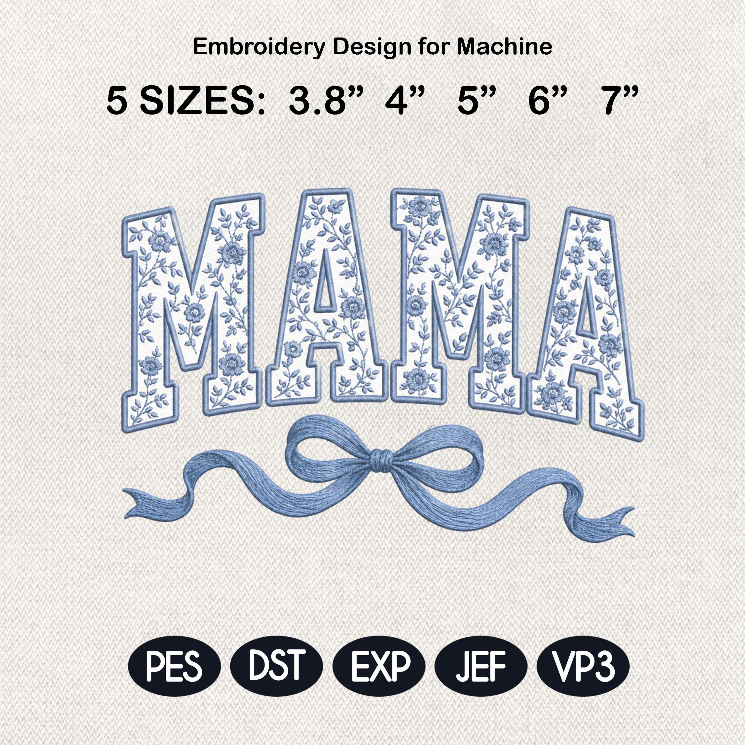 Blue Floral Mama Embroidery Design, Toile Mom Bow Machine Embroidery File, Mother’s Day Pattern, 5 sizes, Digital Download