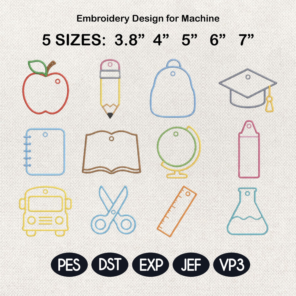 ITH School Supplies Tag Applique Bundle, Student Teacher Name Tag Embroidery, Back to School Keychain Bag Tag, Digital Instant Download
