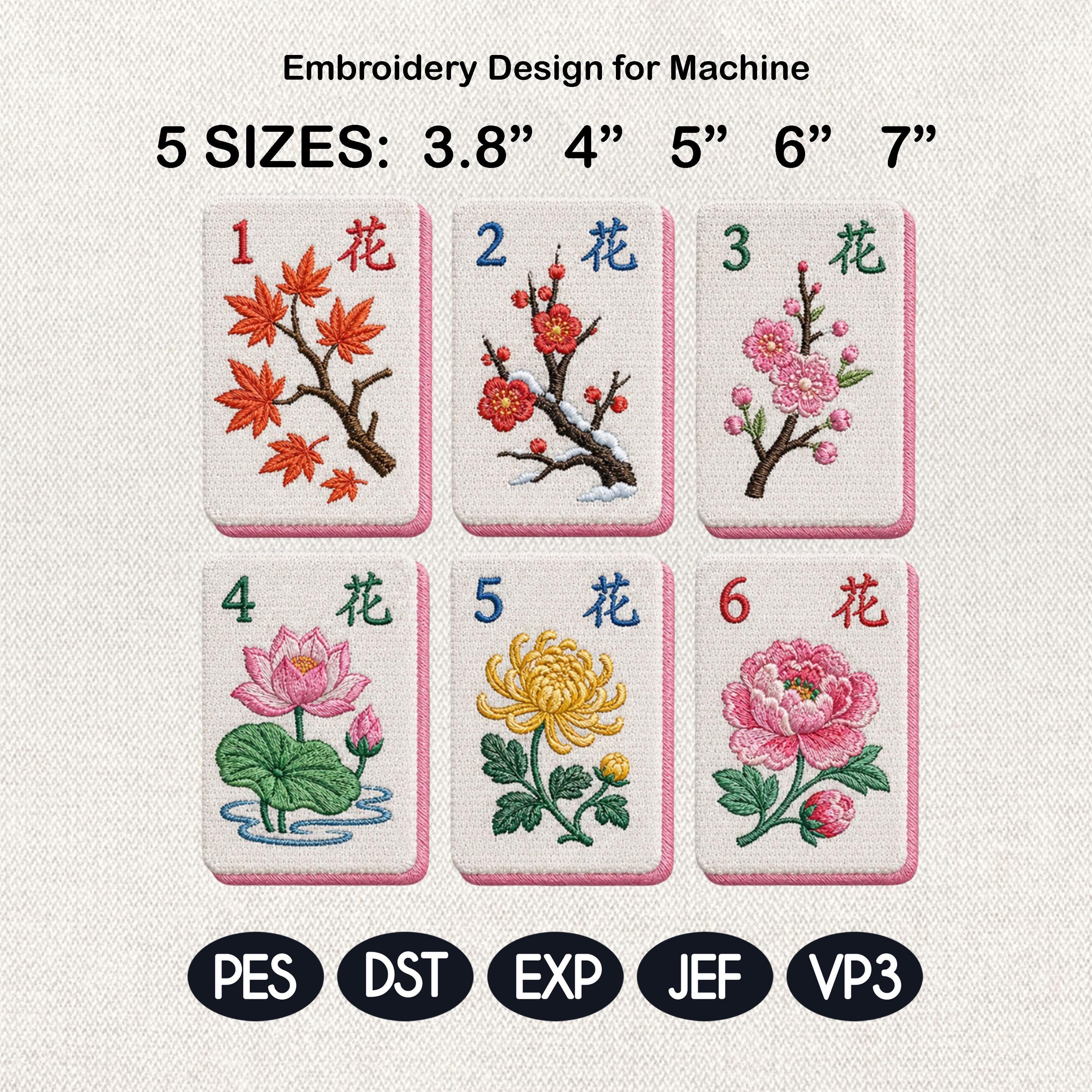 Mahjong Flower Tiles Embroidery Design Bundle, Floral Mahjong Machine Embroidery, Cocktail Napkin Stitch Design, 5 sizes, Digital Download