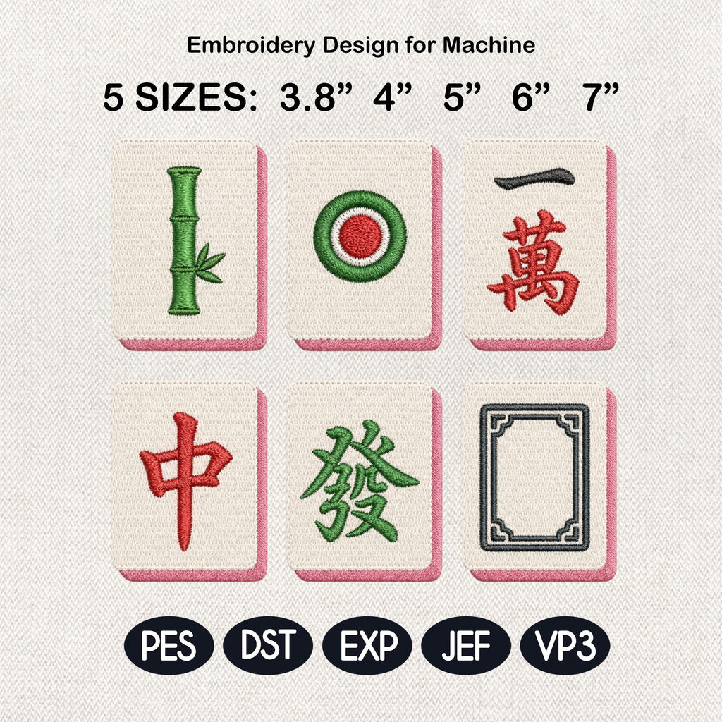 Mahjong Symbols Embroidery Design Bundle, Bam Dot Crack Tile Machine File, Cocktail Napkin Towel Stitch Design, 5 sizes, Digital Download