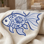 Chinoiserie Goldfish Embroidery Design, Blue Floral Fish Machine Embroidery File, Coastal Koi Stitch Pattern, 5 sizes, Digital Download - image 7