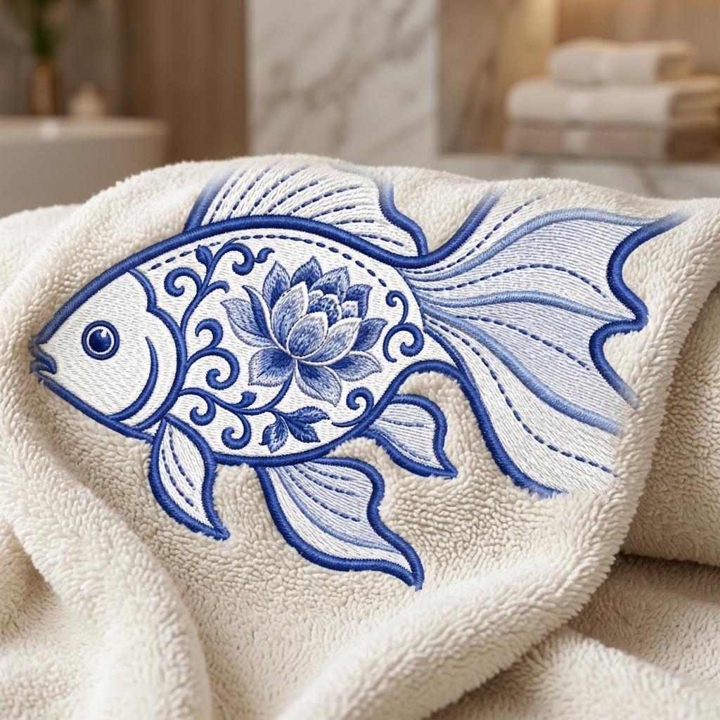 Chinoiserie Goldfish Embroidery Design, Blue Floral Fish Machine Embroidery File, Coastal Koi Stitch Pattern, 5 sizes, Digital Download - image 7