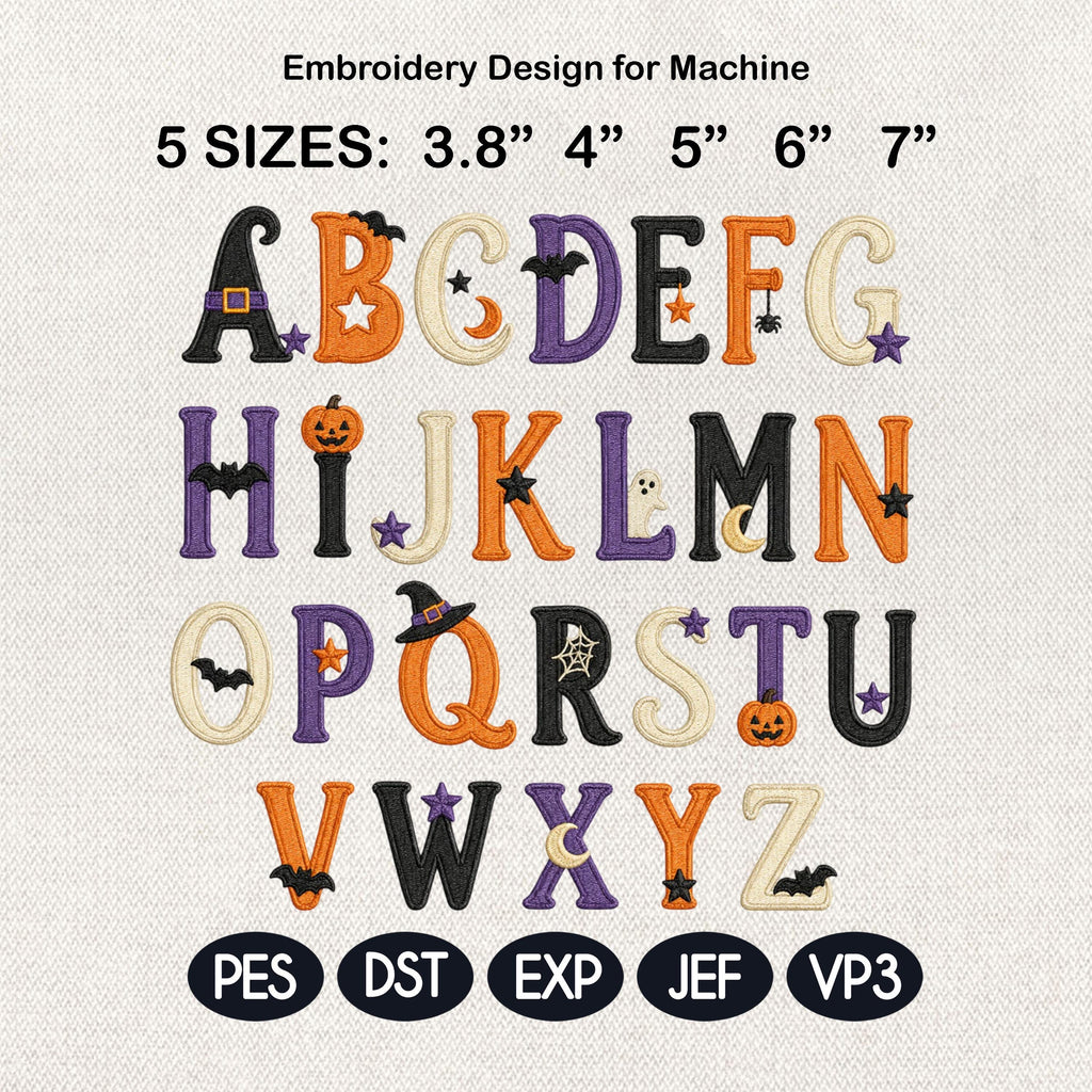 Halloween Alphabet Embroidery Font, Spooky Letters Machine Embroidery File, Pumpkin Bat Ghost Monogram Design, 5 Sizes, Digital Download