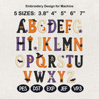 Halloween Alphabet Embroidery Font, Spooky Letters Machine Embroidery File, Pumpkin Bat Ghost Monogram Design, 5 Sizes, Digital Download