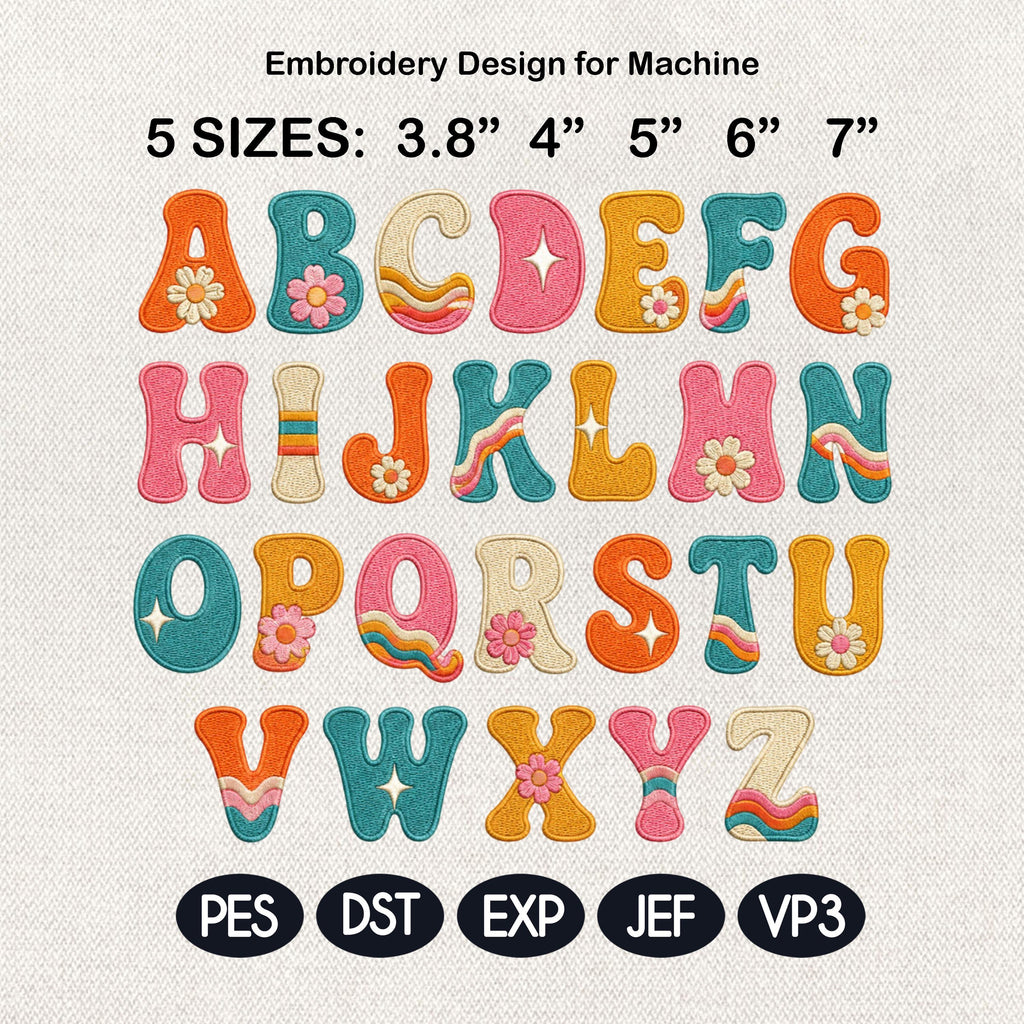 Retro Groovy Alphabet Embroidery Font, Flower Letters Machine Embroidery File, Daisy Rainbow Monogram Design, 5 Sizes, Digital Download