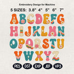 Retro Groovy Alphabet Embroidery Font, Flower Letters Machine Embroidery File, Daisy Rainbow Monogram Design, 5 Sizes, Digital Download