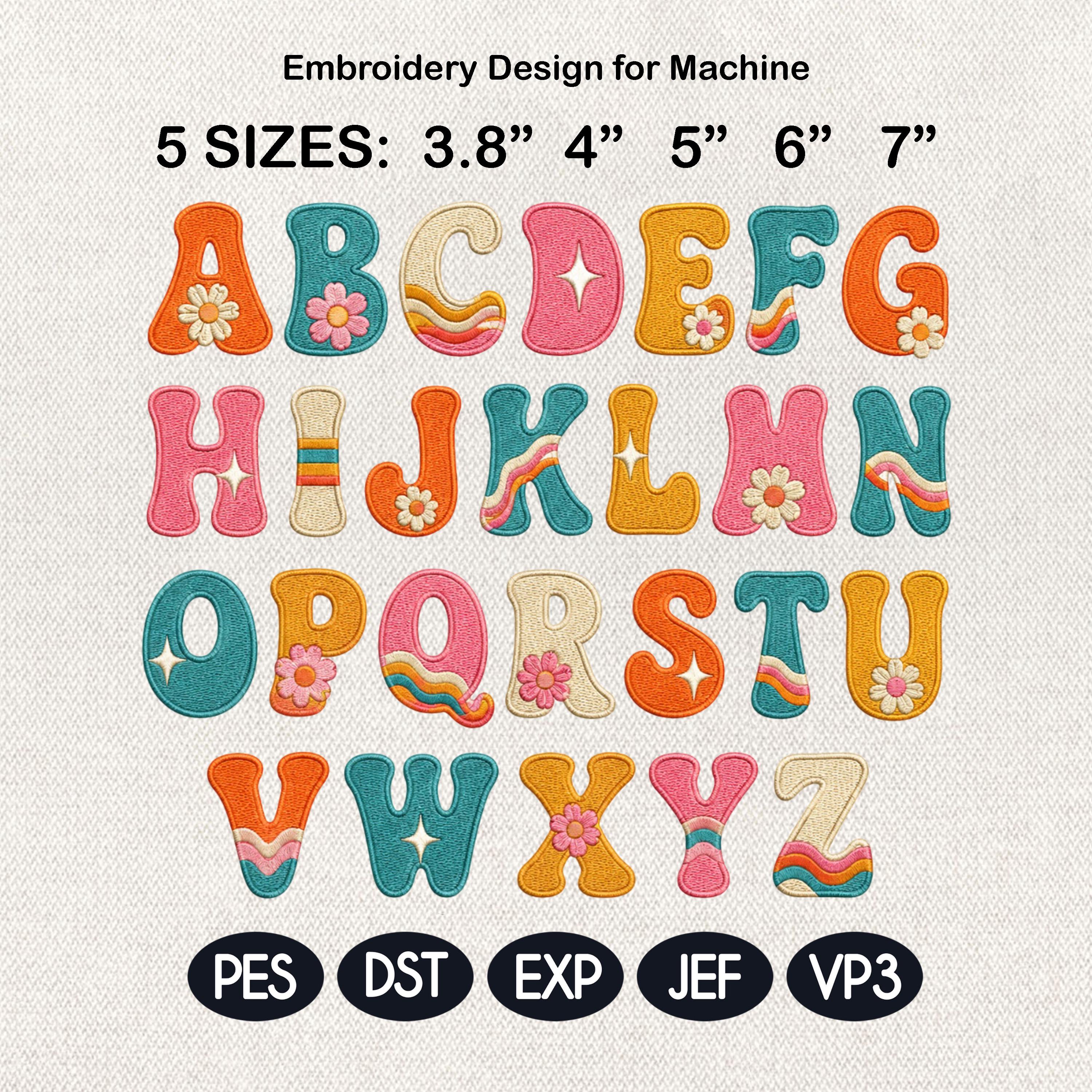 Retro Groovy Alphabet Embroidery Font, Flower Letters Machine Embroidery File, Daisy Rainbow Monogram Design, 5 Sizes, Digital Download