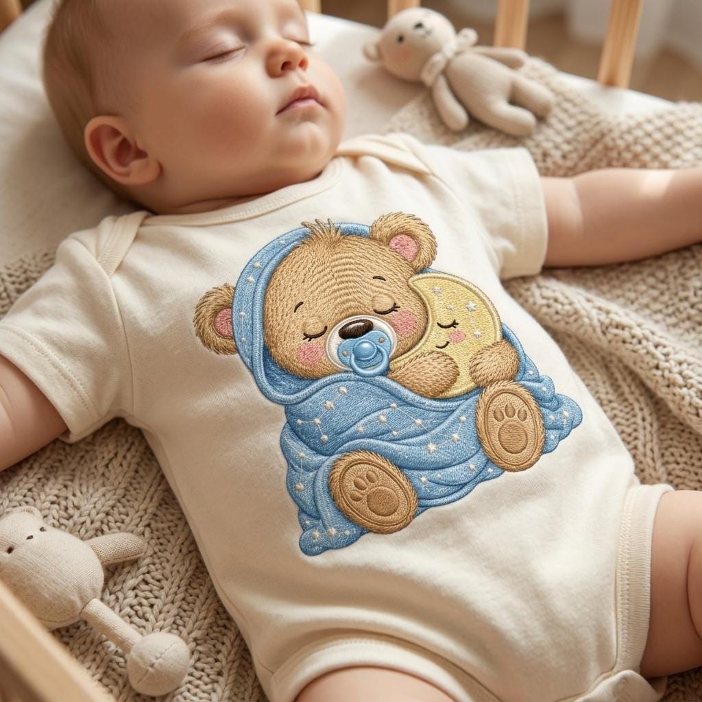 Sleeping Baby Bear Embroidery Design, Teddy Bear Moon Machine Embroidery File, Nursery Blanket Pattern, 5 sizes, Digital Download - image 3