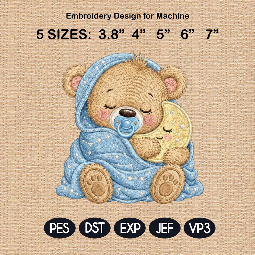 Sleeping Baby Bear Embroidery Design, Teddy Bear Moon Machine Embroidery File, Nursery Blanket Pattern, 5 sizes, Digital Download