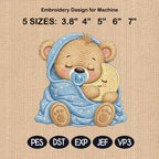 Sleeping Baby Bear Embroidery Design, Teddy Bear Moon Machine Embroidery File, Nursery Blanket Pattern, 5 sizes, Digital Download