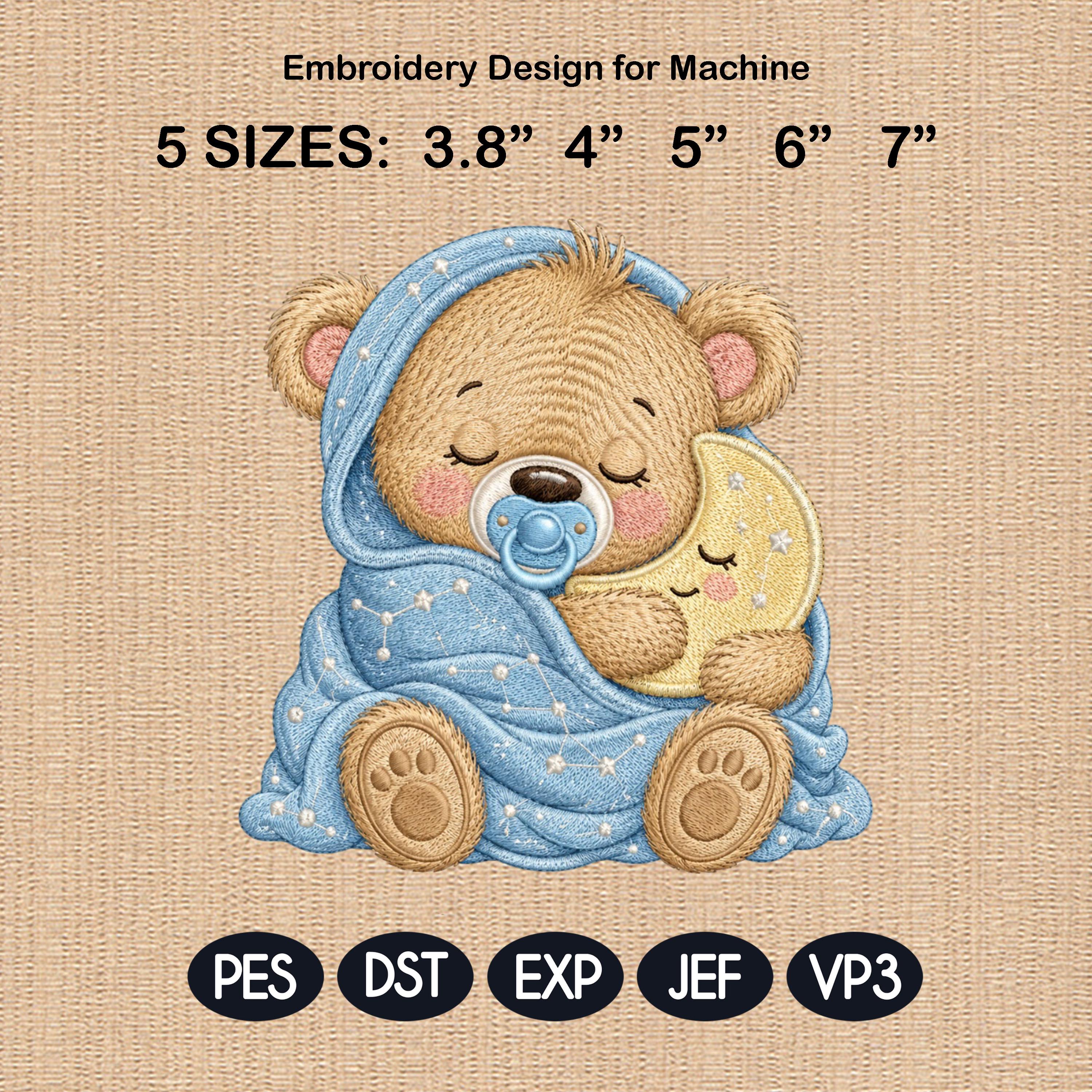 Sleeping Baby Bear Embroidery Design, Teddy Bear Moon Machine Embroidery File, Nursery Blanket Pattern, 5 sizes, Digital Download