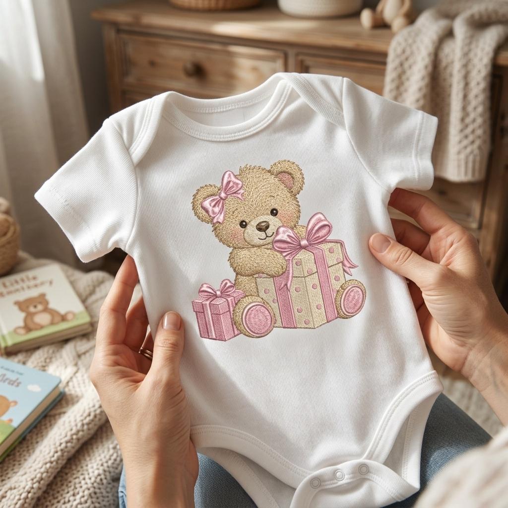 Teddy Bear Gift Box Embroidery Design, Cute Birthday Bear Machine Embroidery File, Baby Girl Pattern, 5 sizes, Digital Download - image 4