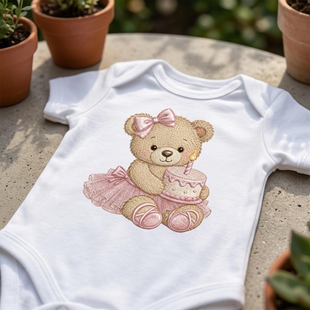 Birthday Teddy Bear Embroidery Design, Pink Cake Bear Machine Embroidery File, Baby Girl Nursery Stitch, 5 sizes, Digital Download - image 5