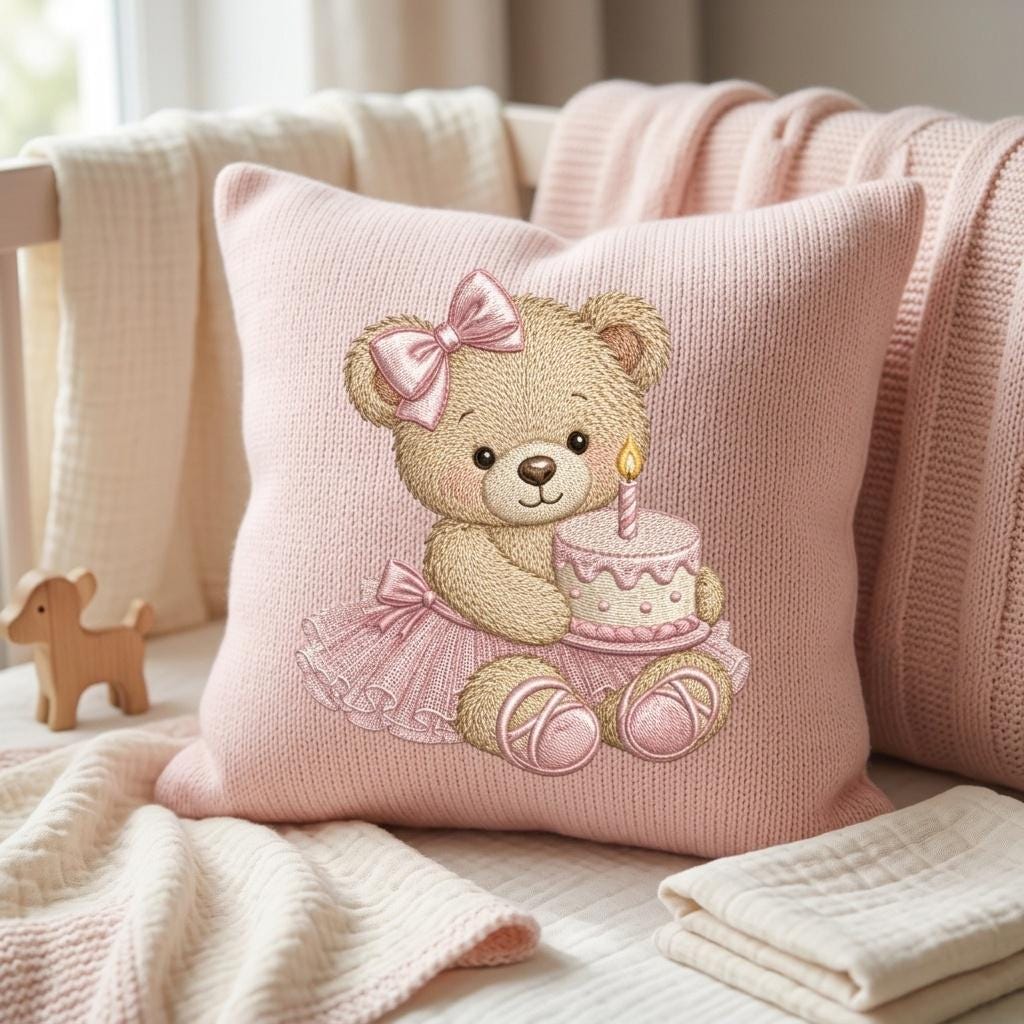 Birthday Teddy Bear Embroidery Design, Pink Cake Bear Machine Embroidery File, Baby Girl Nursery Stitch, 5 sizes, Digital Download - image 7
