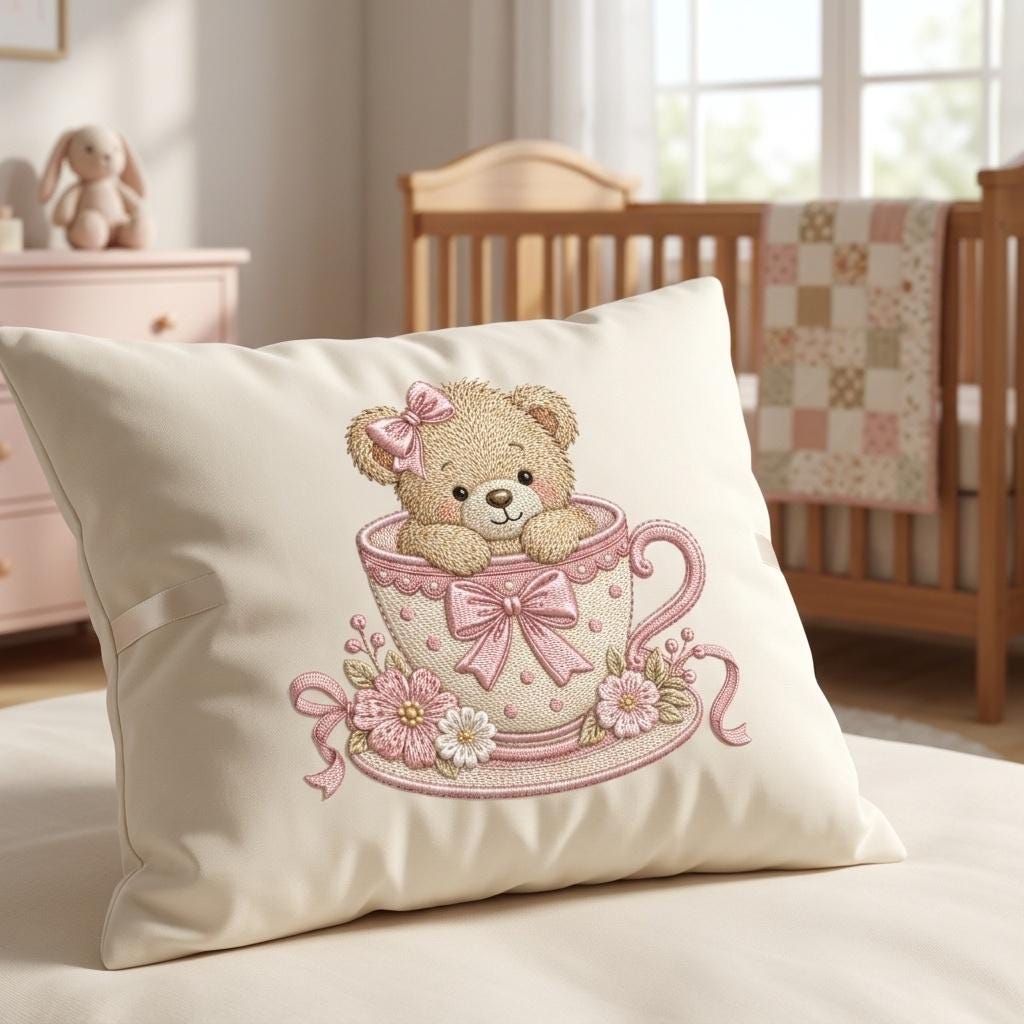 Teddy Bear Teacup Embroidery Design, Cute Pink Tea Cup Bear Machine Embroidery File, Baby Girl Nursery, 5 sizes, Digital Download - image 6