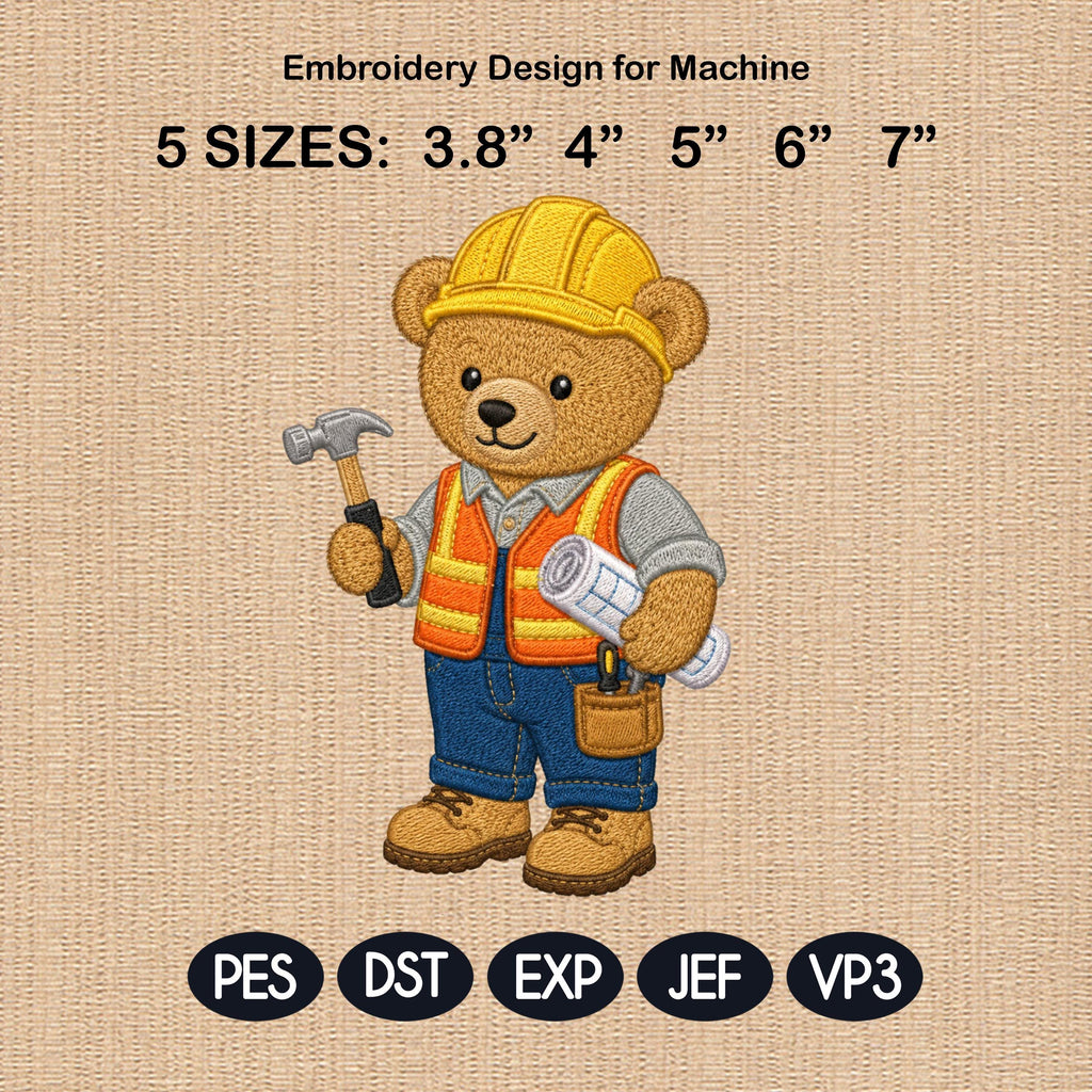 Construction Teddy Bear Embroidery Design, Builder Bear Machine File, Career Costume Nursery Pattern, 5 sizes, Digital Download