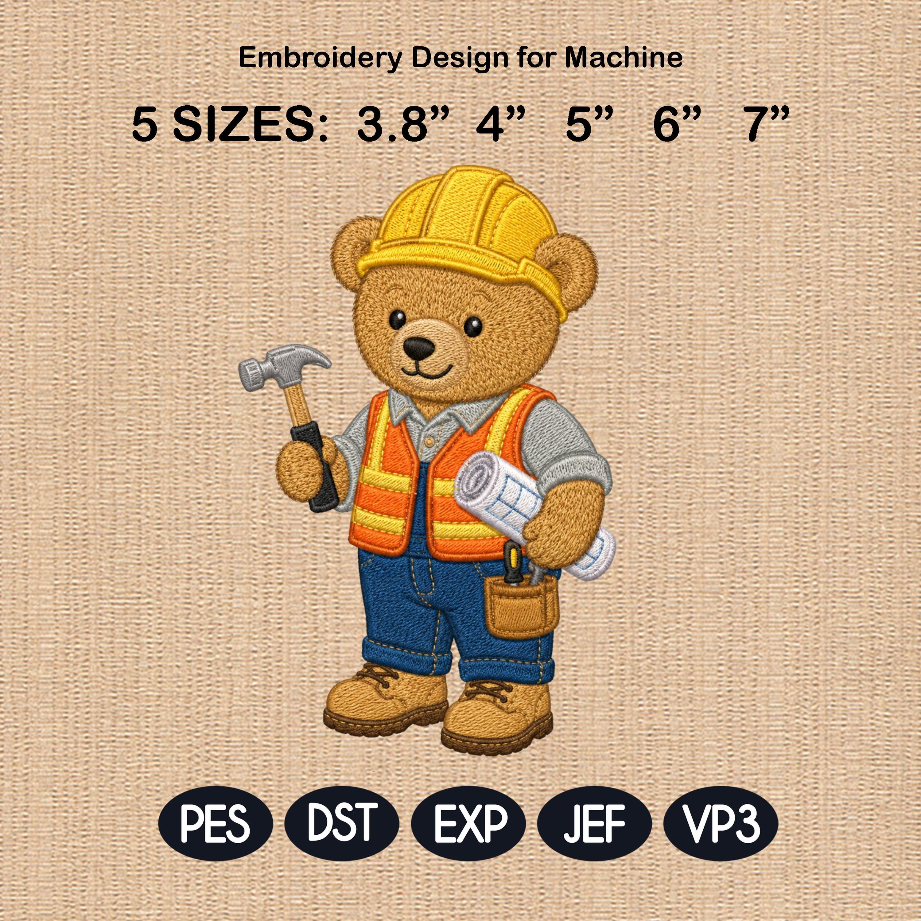 Construction Teddy Bear Embroidery Design, Builder Bear Machine File, Career Costume Nursery Pattern, 5 sizes, Digital Download