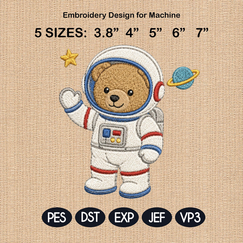 Astronaut Teddy Bear Embroidery Design, Space Bear Machine File, Nursery Baby Shower Pattern, 5 sizes, Digital Download