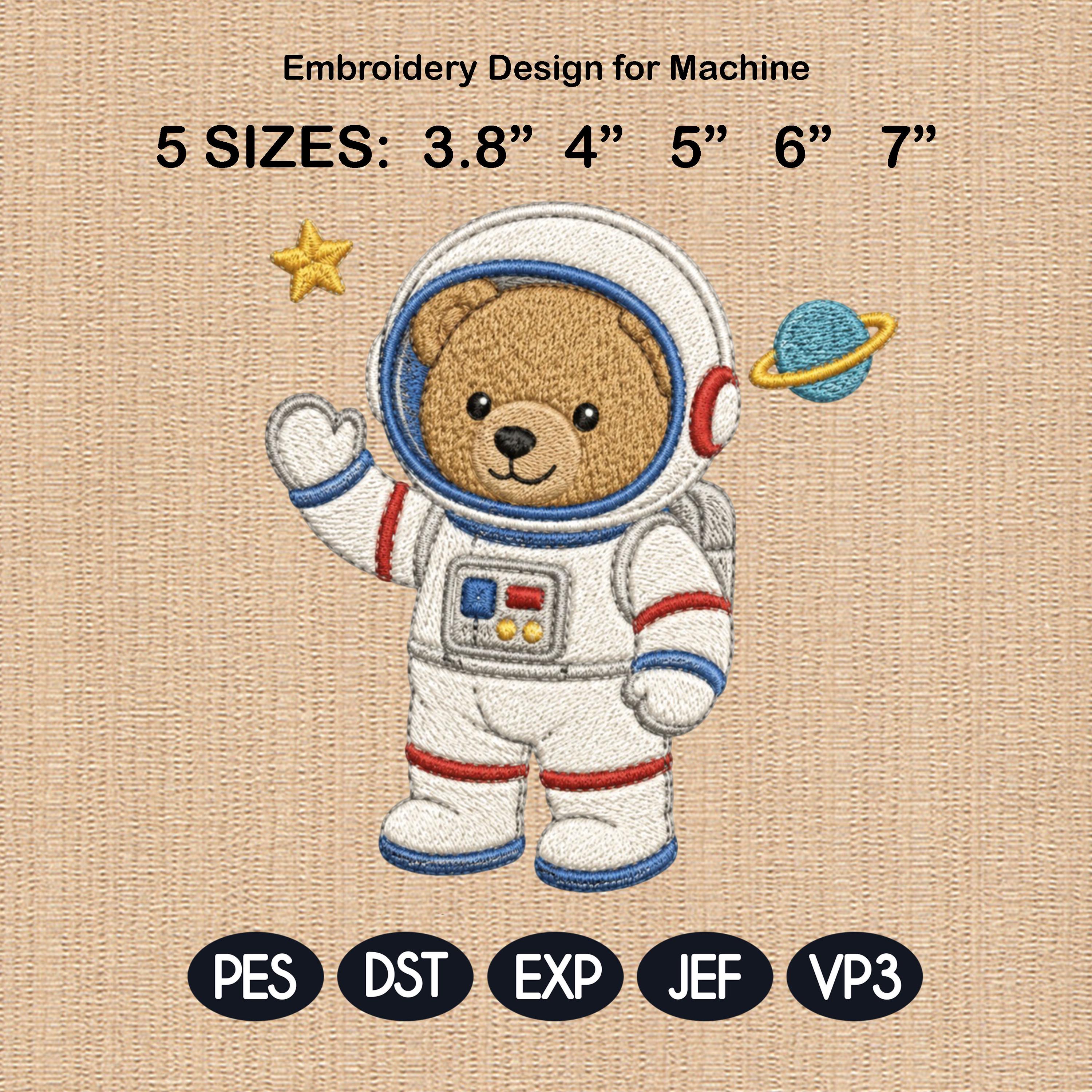 Astronaut Teddy Bear Embroidery Design, Space Bear Machine File, Nursery Baby Shower Pattern, 5 sizes, Digital Download