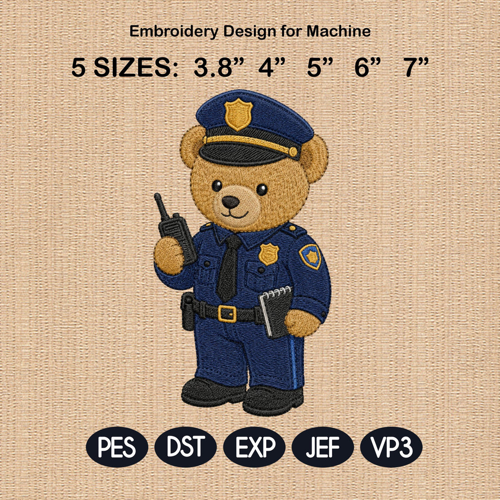 Police Teddy Bear Embroidery Design, Officer Bear Machine File, First Responder Career Pattern, 5 sizes, Digital Download