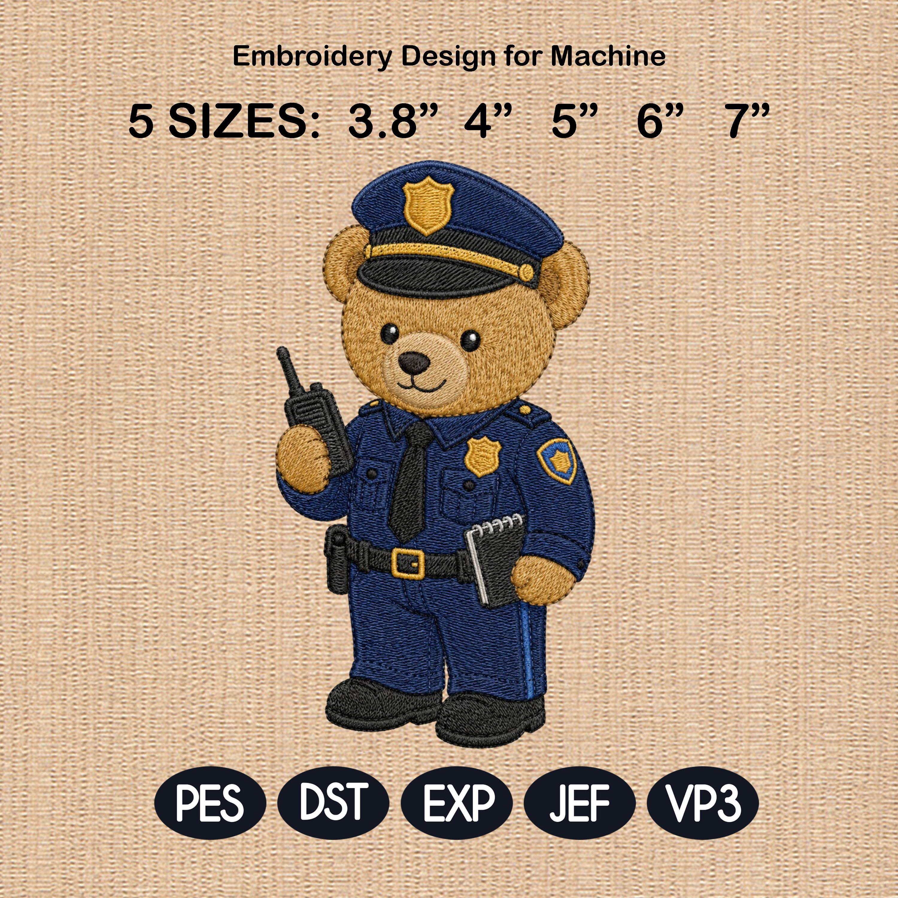 Police Teddy Bear Embroidery Design, Officer Bear Machine File, First Responder Career Pattern, 5 sizes, Digital Download