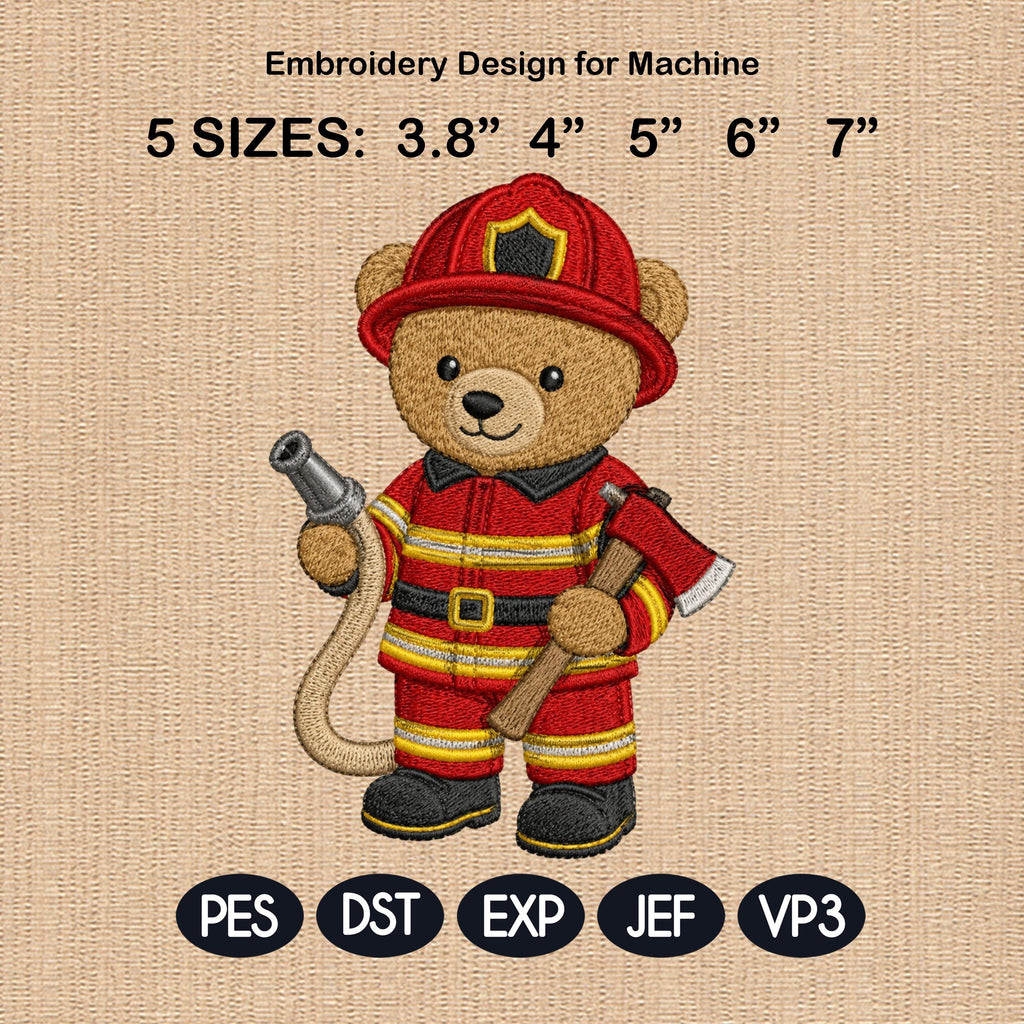 Firefighter Teddy Bear Embroidery Design, Fireman Bear Machine File, First Responder Pattern, 5 sizes, Digital Download