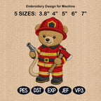 Firefighter Teddy Bear Embroidery Design, Fireman Bear Machine File, First Responder Pattern, 5 sizes, Digital Download