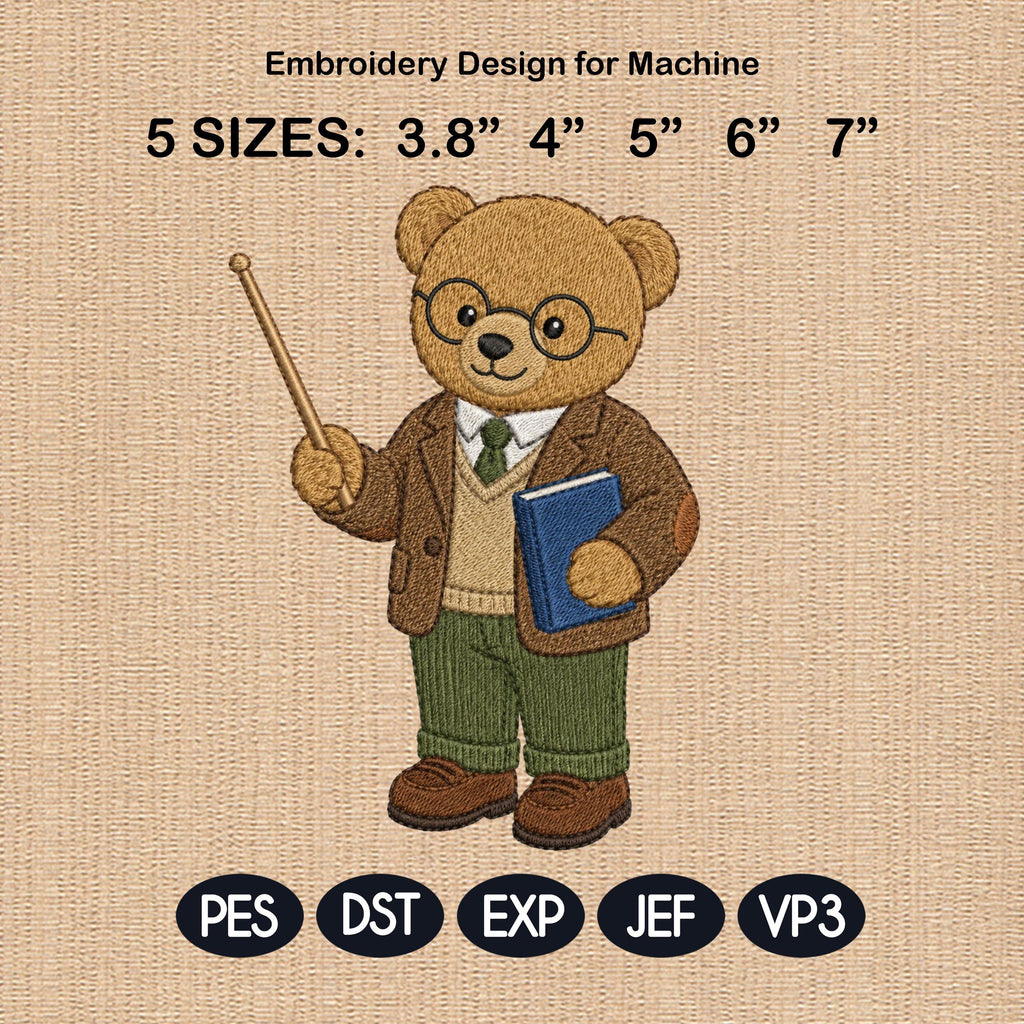 Teacher Teddy Bear Embroidery Design, School Bear Machine File, Classroom Job Embroidery Pattern, 5 sizes, Digital Download