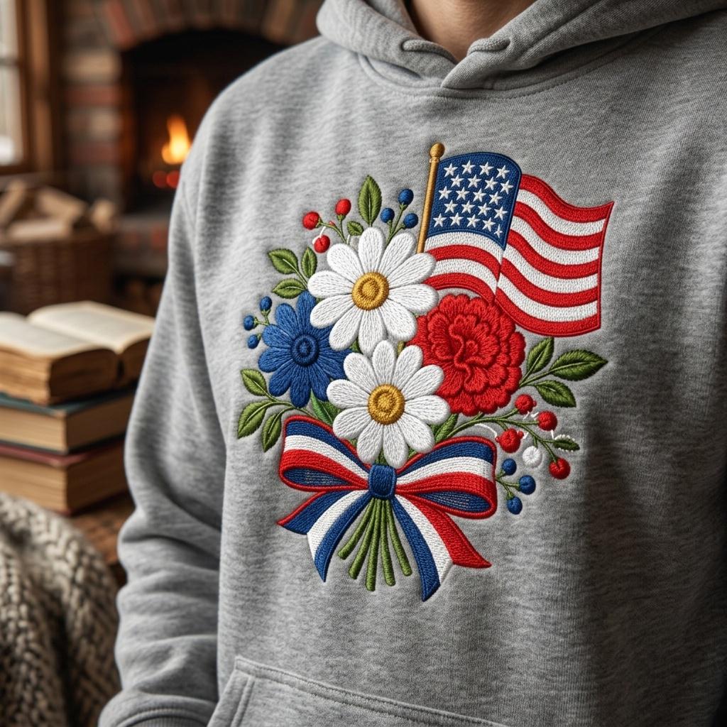 Patriotic Daisy Bouquet Embroidery Design, USA Flag Flower Machine File, 4th of July Pattern, 5 sizes, Digital Download - image 7