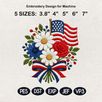Patriotic Daisy Bouquet Embroidery Design, USA Flag Flower Machine File, 4th of July Pattern, 5 sizes, Digital Download