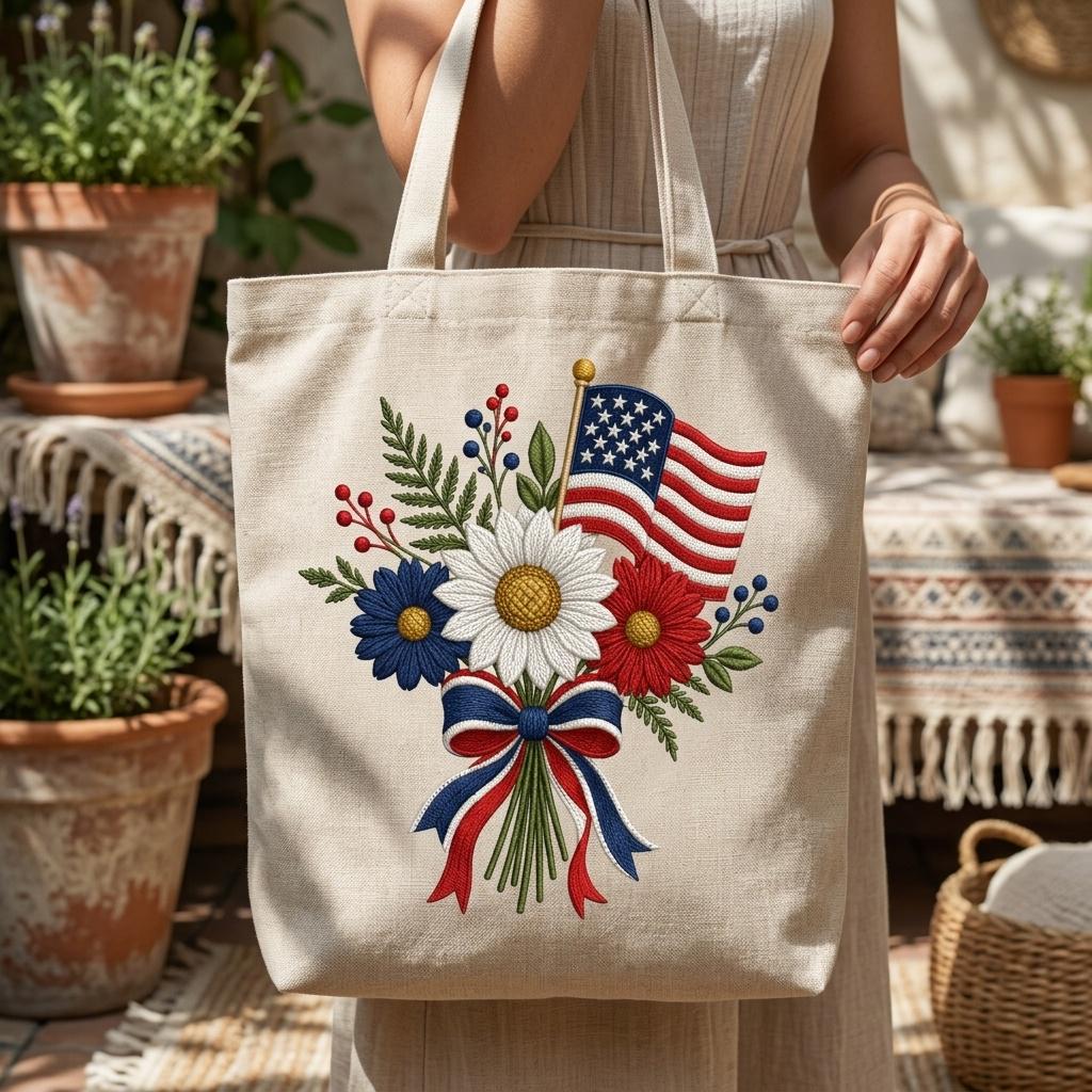 American Flag Floral Bouquet Embroidery Design, Patriotic Flower Bow Machine File, Summer Pattern, 5 sizes, Digital Download - image 6