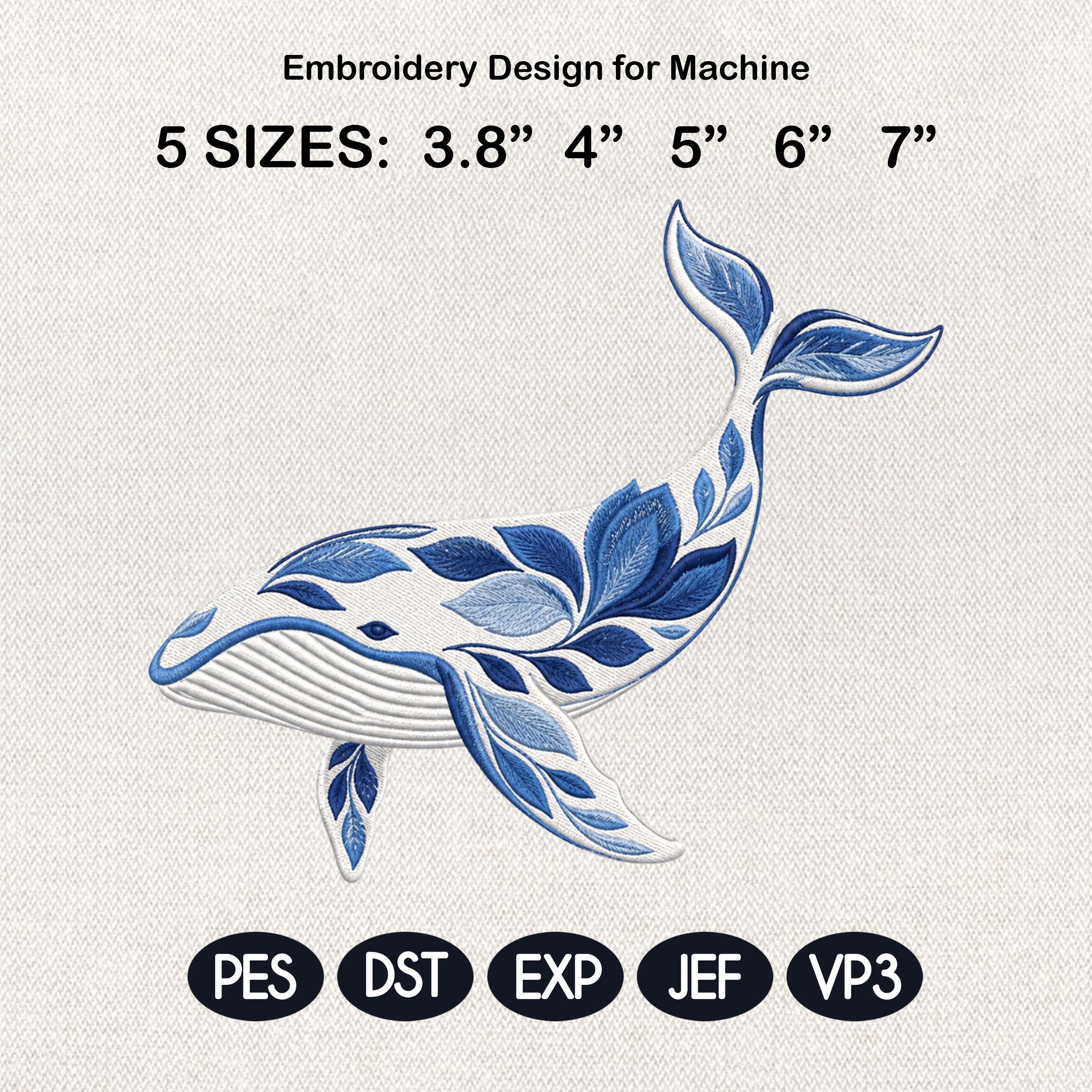 Whale Embroidery Design – Blue Chinoiserie Ocean Art, Coastal Sea Life, Decorative Whale File, 5 sizes, Digital Download