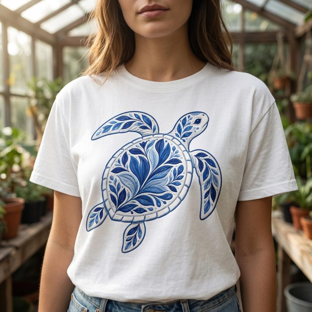 Turtle Embroidery File – Ornate Chinoiserie Sea Turtle, Coastal Ocean Decor, Blue Decorative Stitch Design, 5 sizes, Digital Download - image 3